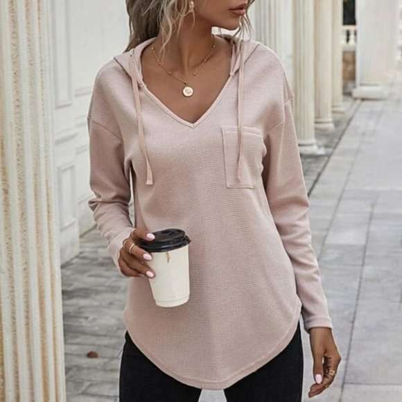 . Tops - Comfy Curved Hem  Drop Shoulder Drawstring Hoodie Top light apricot blush